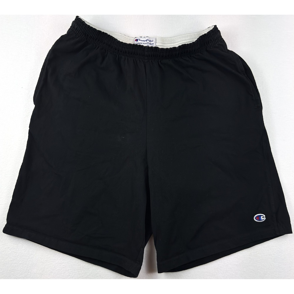 Champion Mens Medium Black Cotton Jersey Shorts Athletic Gym Drawstring Pockets